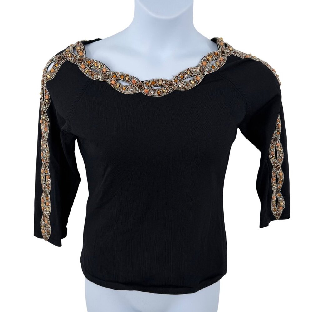VTG BLACK BEADED EMBELLISHED COCKTAIL TOP W/ INTRICATE NECKLINE & SLEEVE DETAIL